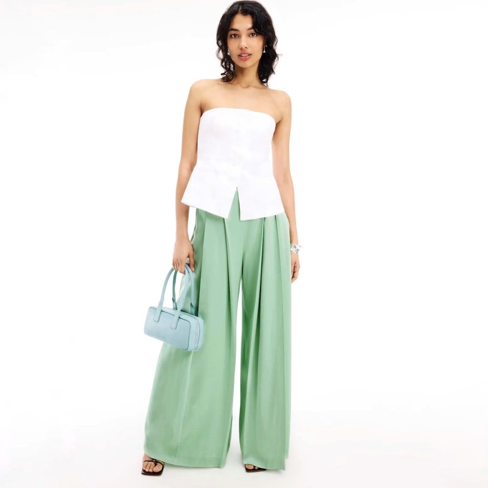 BOSS Hugo Boss Tetosta Pants Mint Green Satin Wide Leg Pleated Trousers Size 10